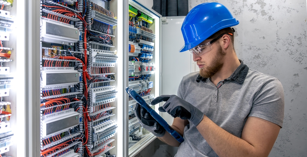 Modern electrical panel installation with safety circuit breakers and protection devices